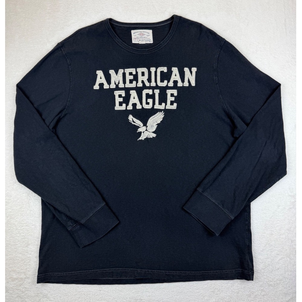 American Eagle Mens Long Sleeve T-Shirt Black Embroidered Logo Eagle Graphic XXL